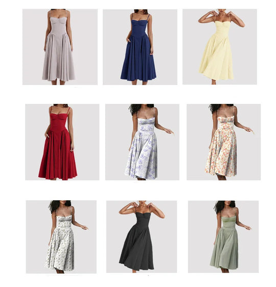 Elegant Spaghetti Strap Midi Dress Women Party Slim A Line Solid Suspender Lady Dresses New Spring Summer Fashion Sexy Vestidos