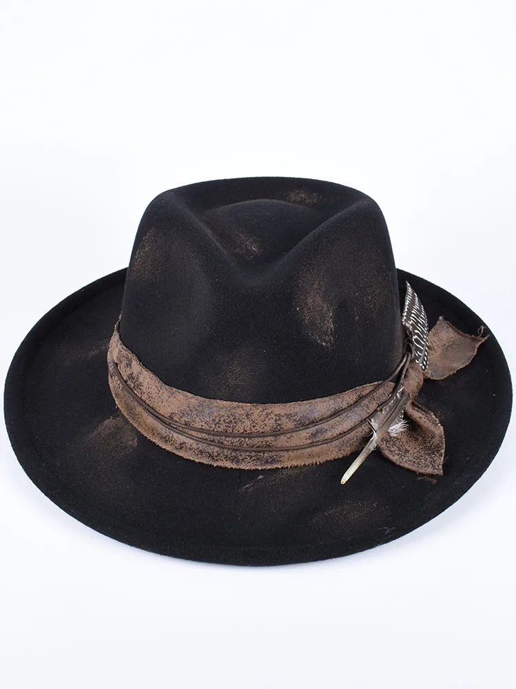 Vintage Feather Fedora Felt Hat Women Men Gentleman Hats New Autumn Casual Wide Brim Black Top Hat British Men's  Jazz Cap