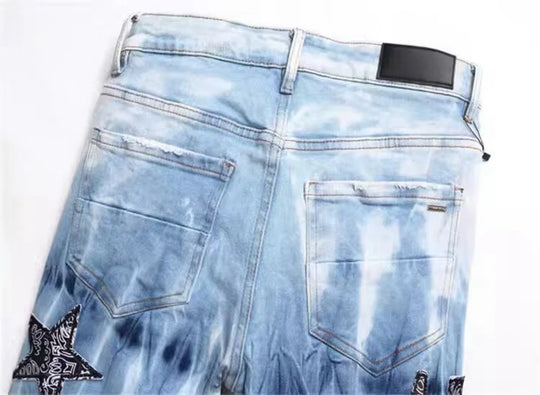 Y2K Star Embroidery Broken Hole Jeans Tie Dyed  Light Blue Cotton