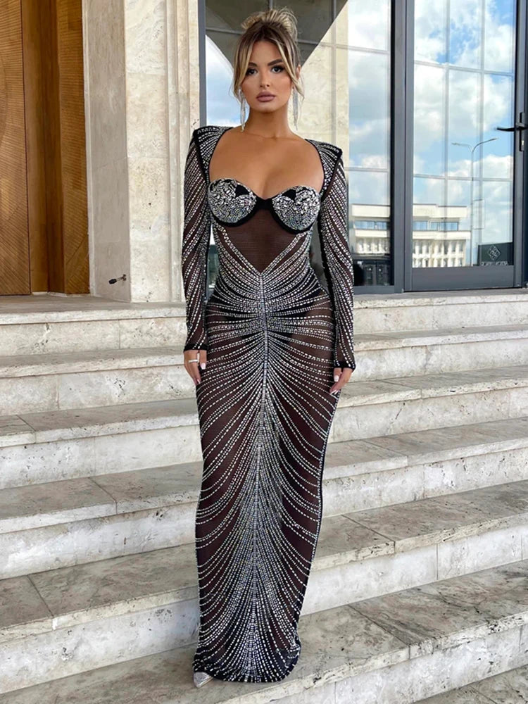 Mozision Glitter Mesh See Through Party Maxi Dress For Women Fashion