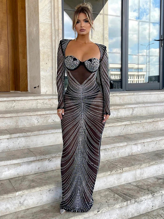 Mozision Glitter Mesh See Through Party Maxi Dress For Women Fashion