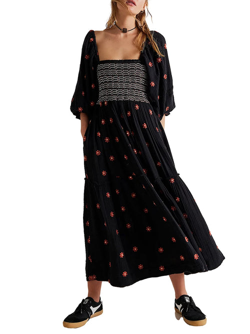 Women's Flower Embroidered Long Dress Bodycon Lantern Sleeve Square