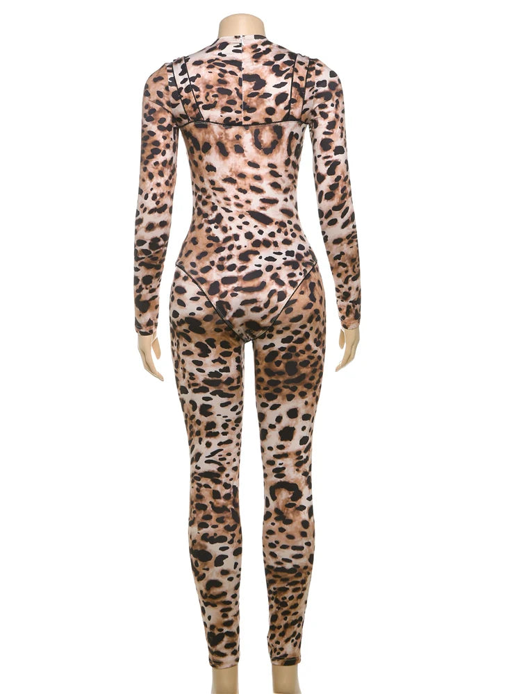 Weird Puss Zip Fit Jumpsuit Women Spring Y2K Leopard Print Full Sleeve Hipster Midnight Stretch Streetwear Workout Overalls