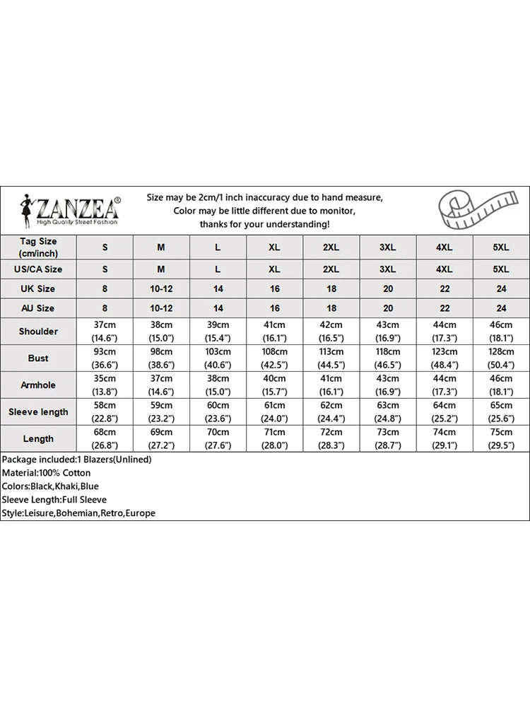 ZANZEA Women Elegant Cotton Jackets Suits Loose Vintage Work Coats