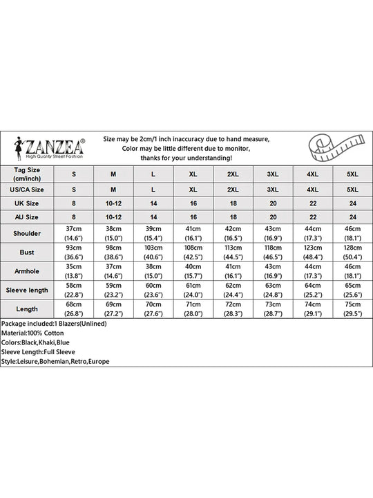 ZANZEA Women Elegant Cotton Jackets Suits Loose Vintage Work Coats