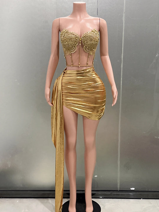 Gold Color Women Sexy 2 Pieces Strapless Bodycon Mini Dress Bar Singer