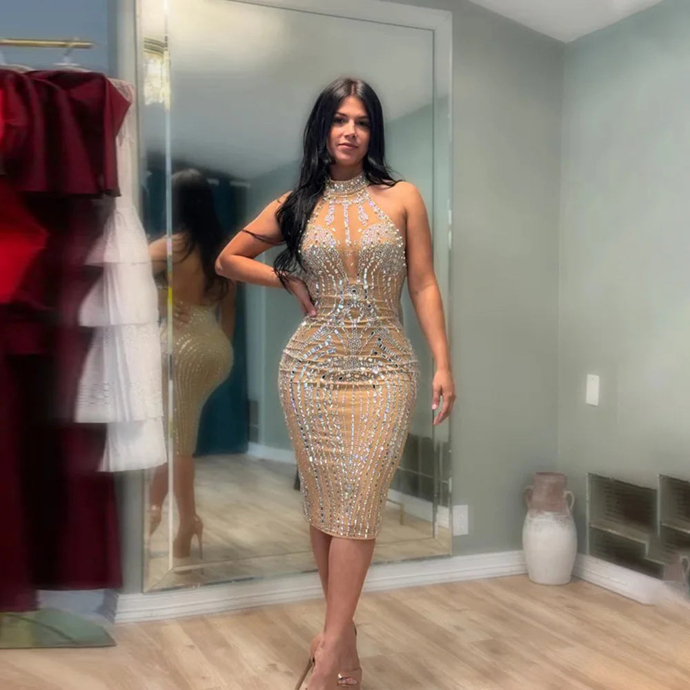 Backless Dress Sexy Wrap Buttocks Vestidos Women Party Dresses Sheath Slim Fit Spliced Summer Diamonds Knee Length