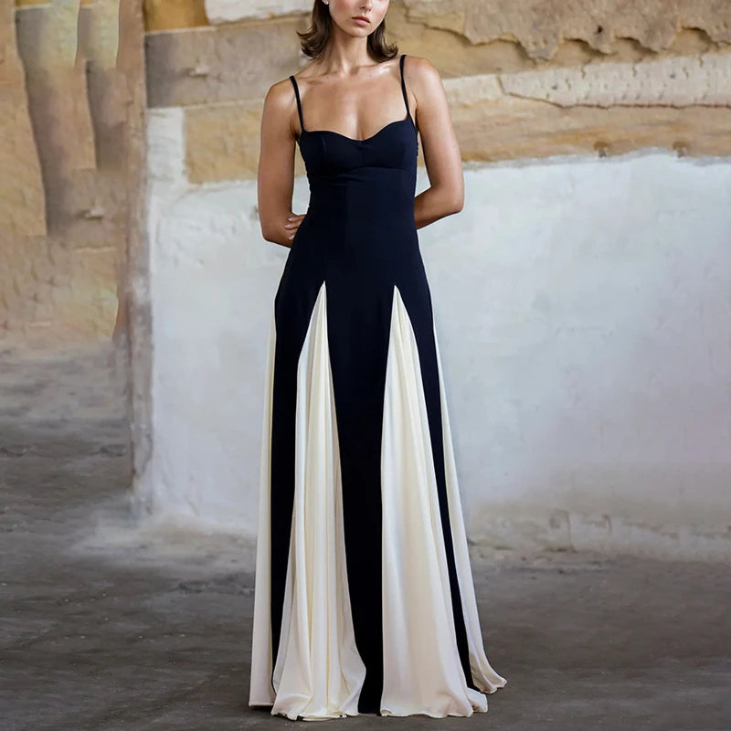 Sling Contrast Color Women's Dress V Neck Elegant Party Dress Fashion