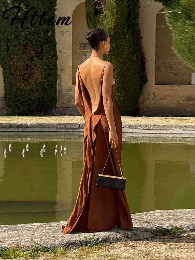 Elegant Split Women' s Dresses Solid Square Collar Backless Sleeveless Long Dress Female 2025 Summer Party Evening Robes