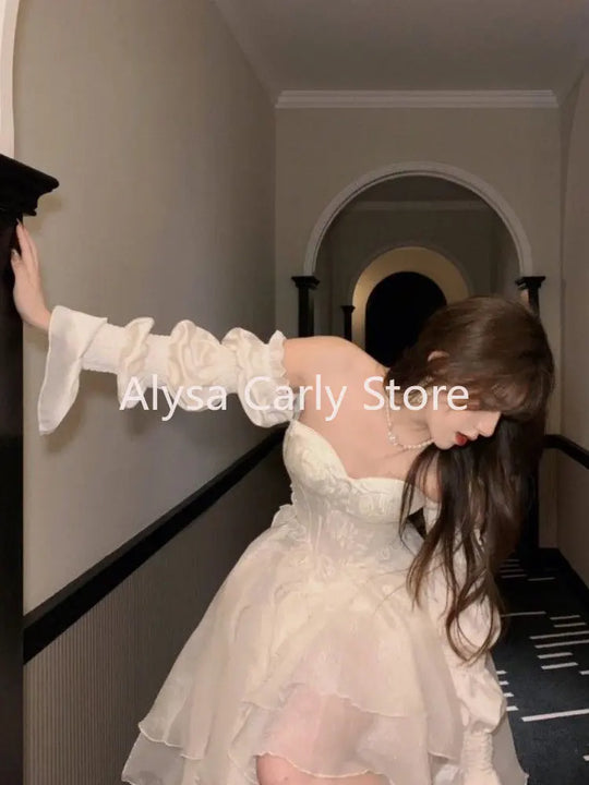 Elegant Ruffles Chic Fairy Dress Women White Sweet Korean Style