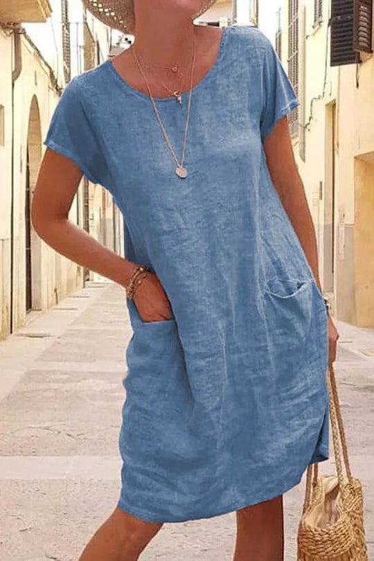 Elegant Women's Casual Dresses 2023 Summer Loose Solid Pocket Short Sleeve O Neck Cotton Linen Dress Lady Robe  Vestidos Mujer