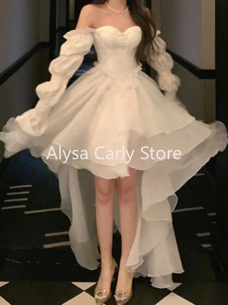 Elegant Ruffles Chic Fairy Dress Women White Sweet Korean Style