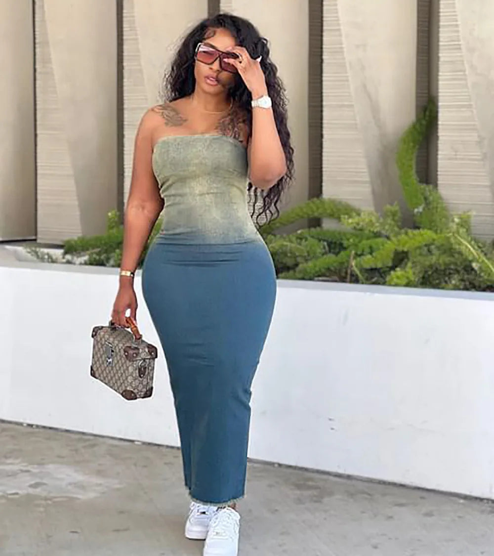 Summer Gradient Women's Denim Dress Fashion Corset Sleeveless Sexy