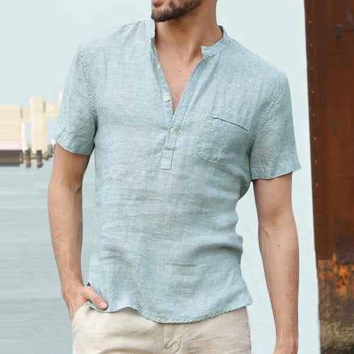 High Quality New Men'S Linen V Neck Bandage T Shirts Male Solid Color