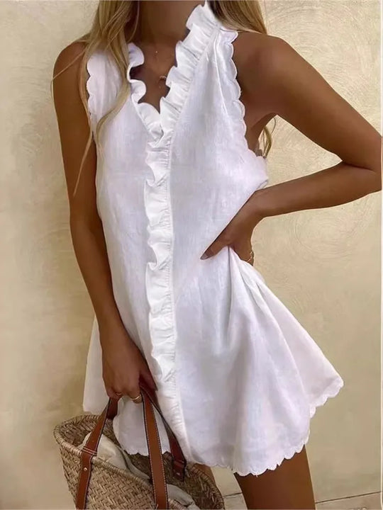 New Women Casual Cotton And Linen White Dress Summer V Neck Ruffles