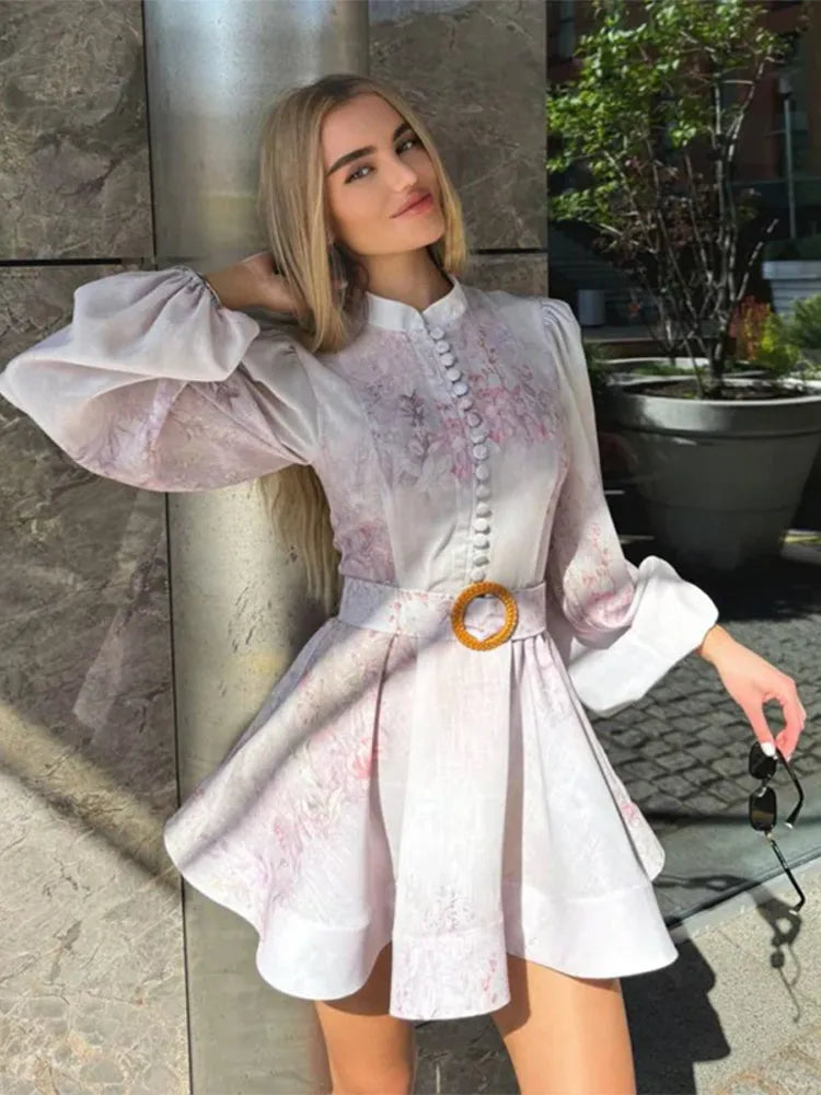 Elegant Women's Printed Dress Long Sleeve O-Neck Button Lady Dresses With Belt Summer Fashion Female Party Short Dress