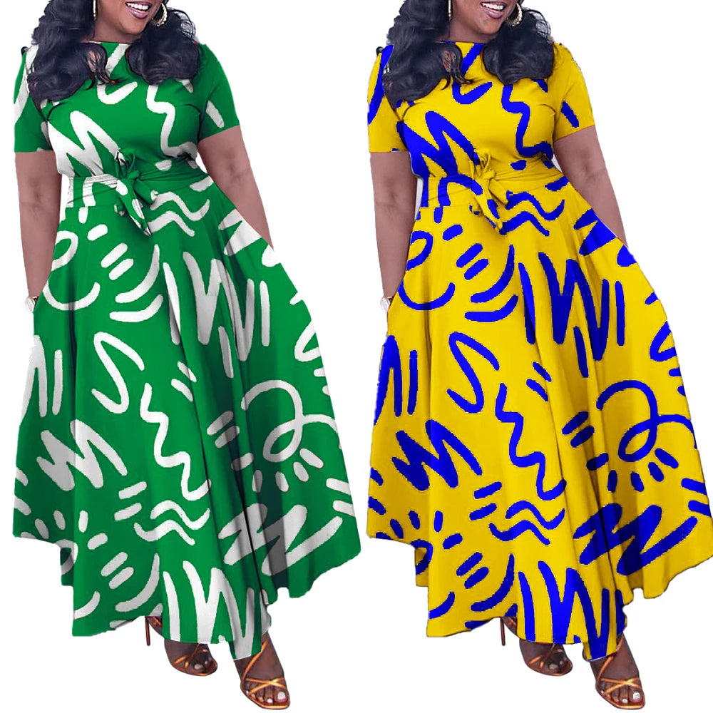 Summer Casual Short Sleeve Woman Dress Office Ladies Casual Fashion Print Loose African Dresses for Women 2025 Female Robe