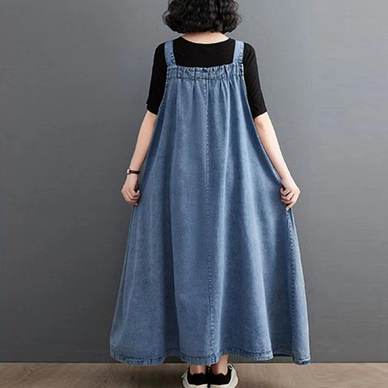 Summer Autumn Loose Casual Fashion Denim Slip Dress Ladies Sleeveless Harajuku Y2K All-match Pocket A-line Robe Women Vestidos