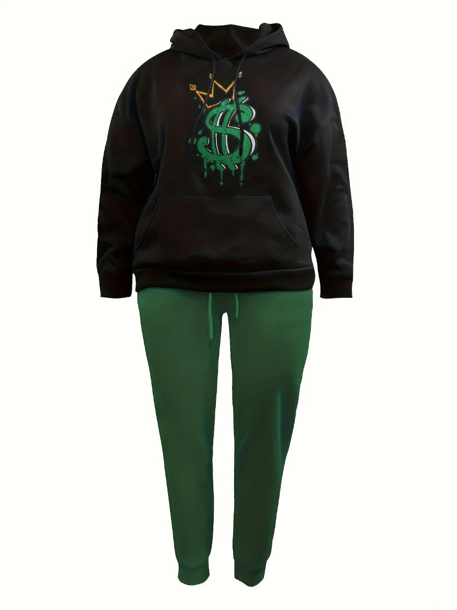 LW Plus Size Crown Letter Print Kangaroo Pocket Tracksuit Set Women Hooded Collar Sweatsuit Fall Long Sleeve Two Pieces Outfit