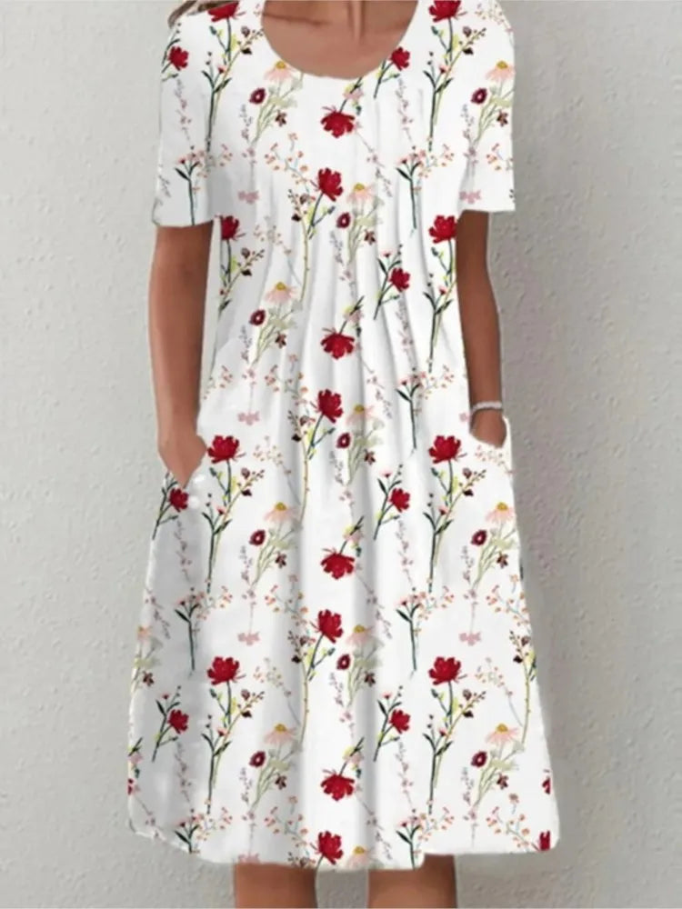 Summer Fashion Boho Floral Print Pocket Midi Dress For Women O Neck Short Sleeve Casual Loose Dress Female Women's Clothing