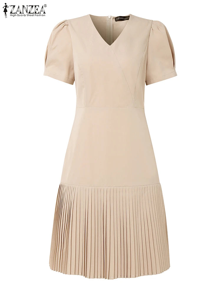 Elegant Pleated Dresses Women Summer Dress V Neck Puff Sleeve Party Vestidos Stylish Solid OL Work Sundress