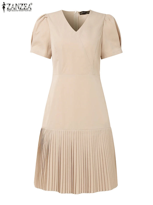 Elegant Pleated Dresses Women Summer Dress V Neck Puff Sleeve Party Vestidos Stylish Solid OL Work Sundress