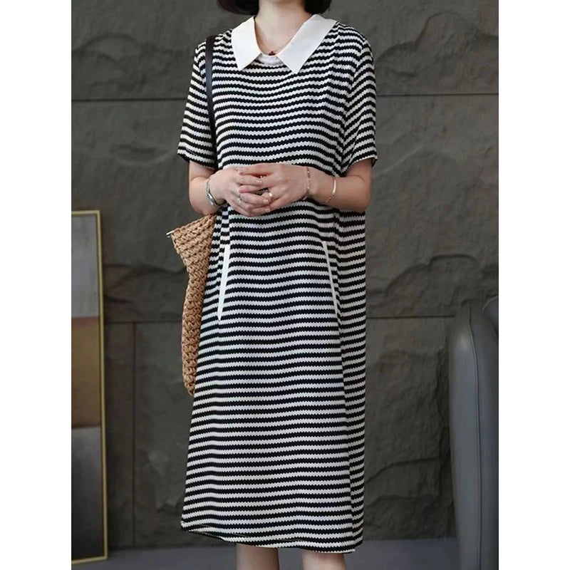 Fashion Lapel Spliced Pockets Printed Striped Casual Dresses Women's Clothing 2024 Summer New Loose Commuter Short Sleeve Dress