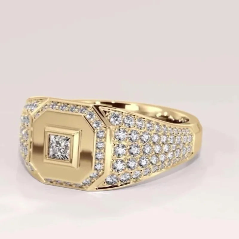 Classical Fashion Men Rings Gold Color Square Round White Stone Rings Party Accessories Gift