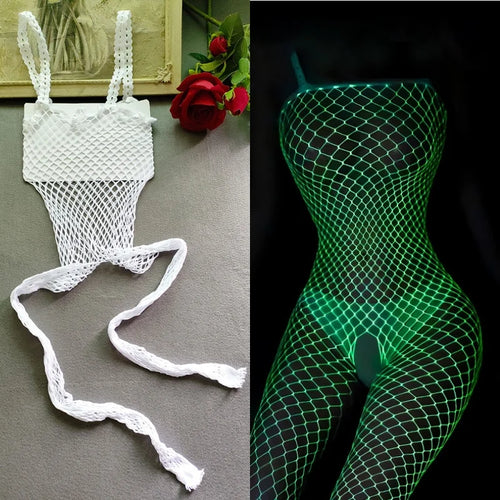 Luminous Fishnet Tights Women Elastic Mesh Open Crotch