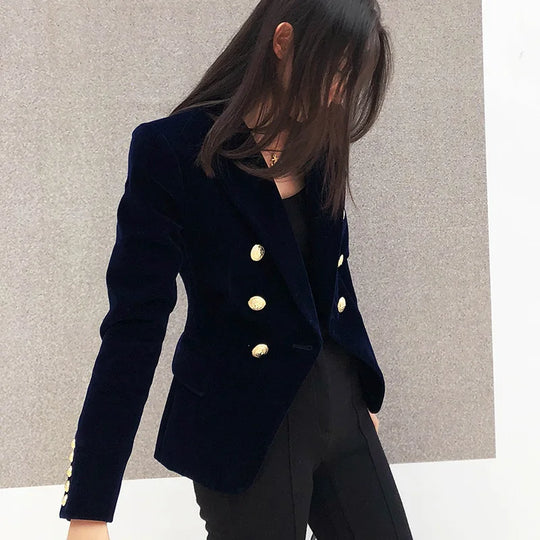 New Spring Fashion Women Midnight Navy Slim Velvet Blazer Office Lady