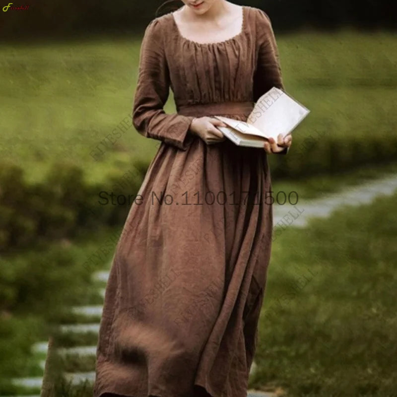 Women Medieval Victorian Retro Dress Square Collar Long Sleeves High