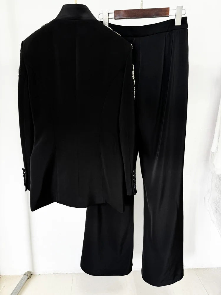 HIGH STREET Newest 2024 Designer Suit Women Beaded Diamonds Stand