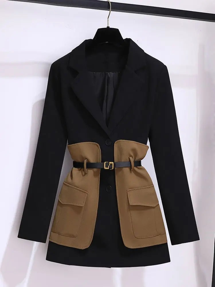 2025 Spring Belt Decorative Patchwork Jacket Blazer Casual Expansion