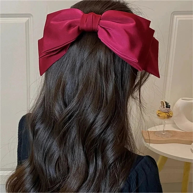 New Big Satin Hair Clip Hair Bows Girl Women Solid Pink Black Multi