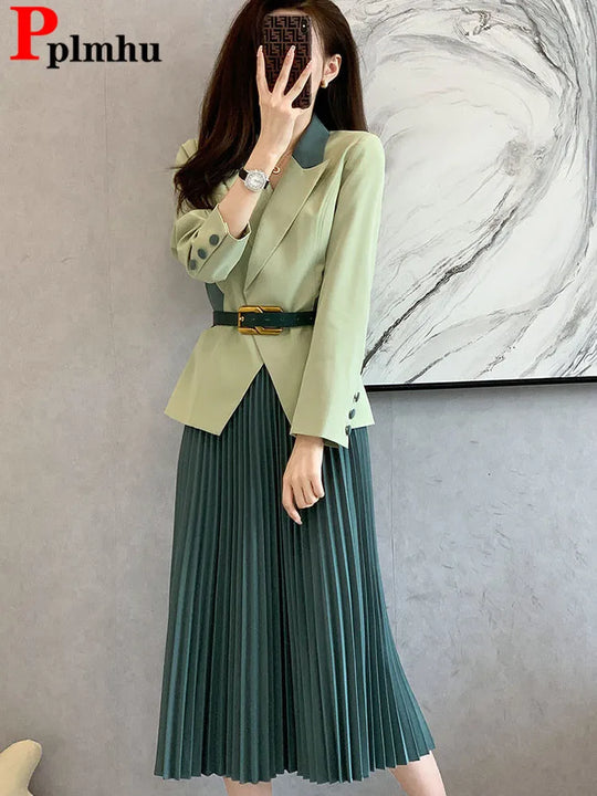 Women Formal 2 Pieces Sets Korean Office Long Sleeve Blazer Coats Tops