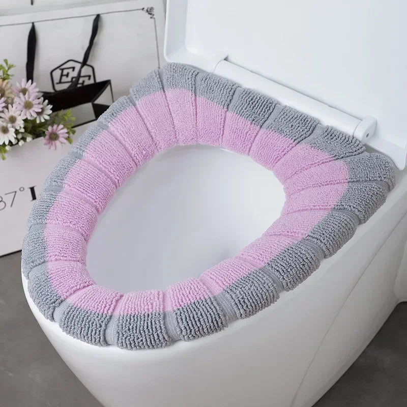 Universal Toilet Seat Cover Winter Warm Soft Seat Mat O-shaped Fleece Pad Bathroom Seat Cushion with Handle Bathroom Accessories