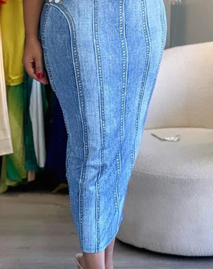 Women's Urban Suits Denim Look Print Bandeau Bodycon  Summer