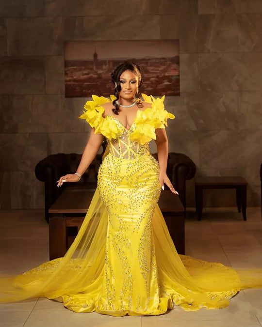 For Special Occasions Florals Rhinestones Sheer Neck Evening Formal Party  Birthday Yellow Mermaid Prom Dress