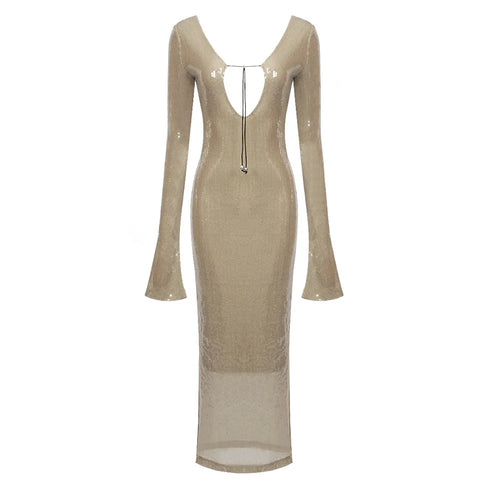 Elegant Lace Up Deep V Bandage Dress Long Sleeves Ankle Length Party