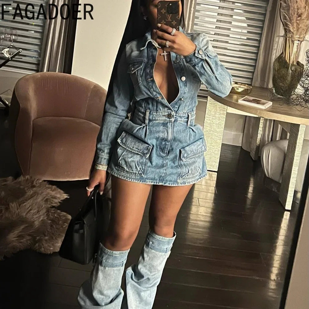 FAGADOER Fashion Button Long Sleeve Denim Mini Dress Women Turndown