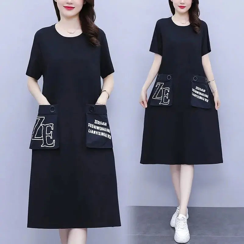 Fashion O-Neck Spliced Pockets Printed Letter Casual Dresses Women's Clothing 2024 Summer New Loose Commuter Short Sleeve Dress