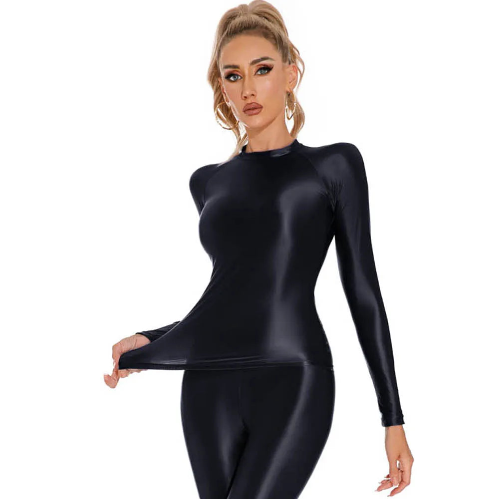 Glossy Shiny Elasitc Long Sleeve Shirt Women Fitness Gym Athletic Yoga Tshirt Tights Hot Sexy Tees Casual Crop Tops Bustier Top