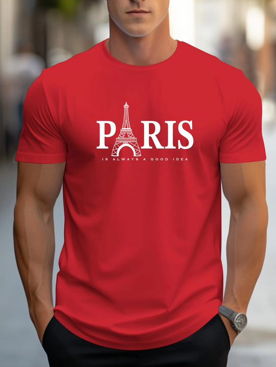 Summer Men's T Shirt Short Sleeve Paris Pattern Print Casual O-Neck