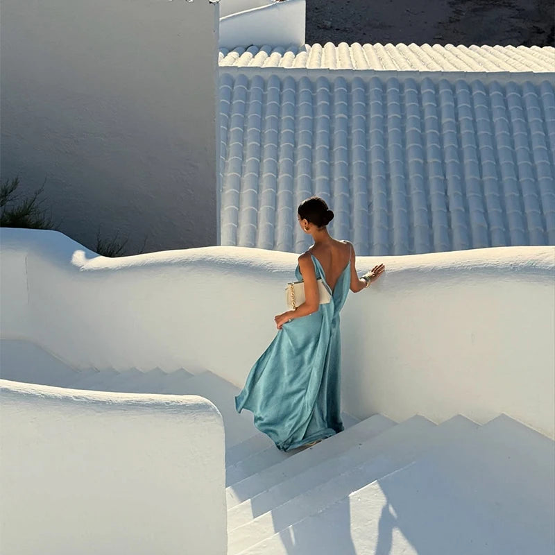 Elegant Split Women' s Dresses Solid Square Collar Backless Sleeveless Long Dress Female 2025 Summer Party Evening Robes