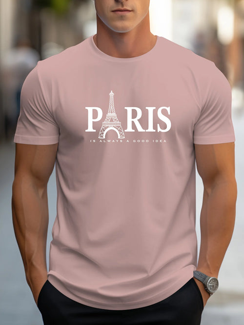 Summer Men's T Shirt Short Sleeve Paris Pattern Print Casual O-Neck