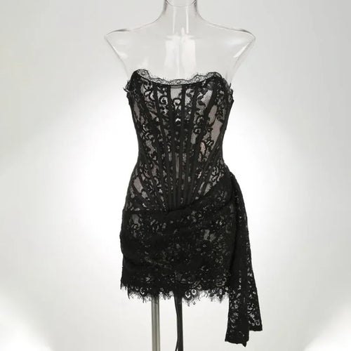 Talenza Women's Sexy Lace Dress Solid Color Sheer Patchwork High Waist