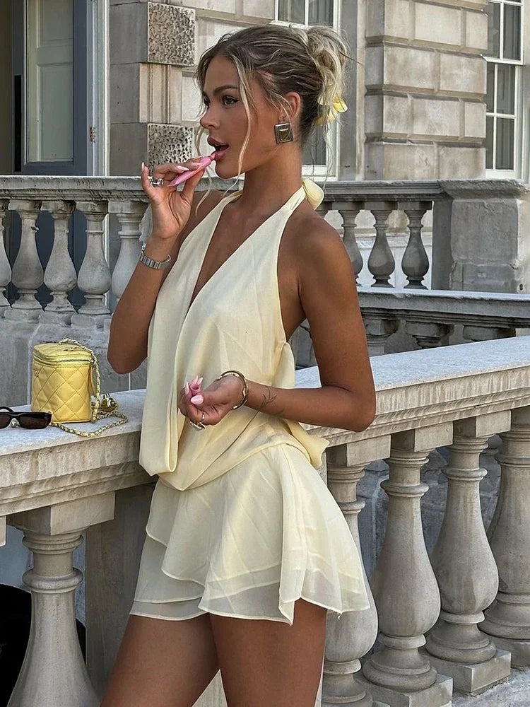 TARUXY Draped Sexy Backless Halter Mini Dress Women's Elegant See