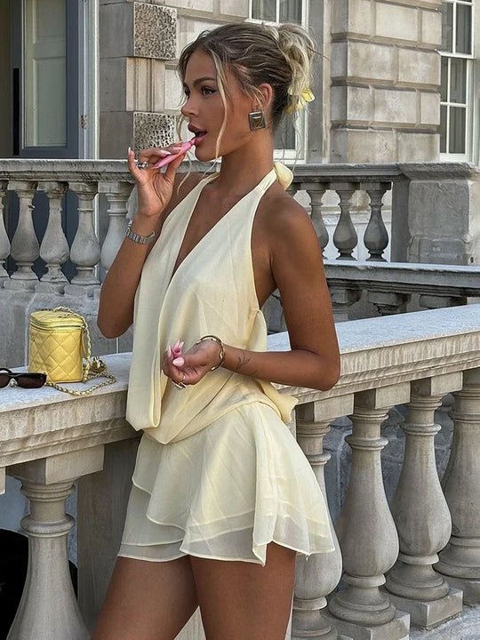 TARUXY Draped Sexy Backless Halter Mini Dress Women's Elegant See