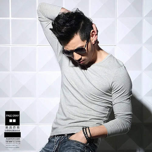 Lycra Cotton Men's T-Shirts Long Sleeve V Neck T Shirt MRMT Men