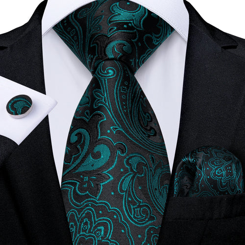 DeBanker Men Necktie Teal Blue Paisley Designer Silk Wedding Tie For